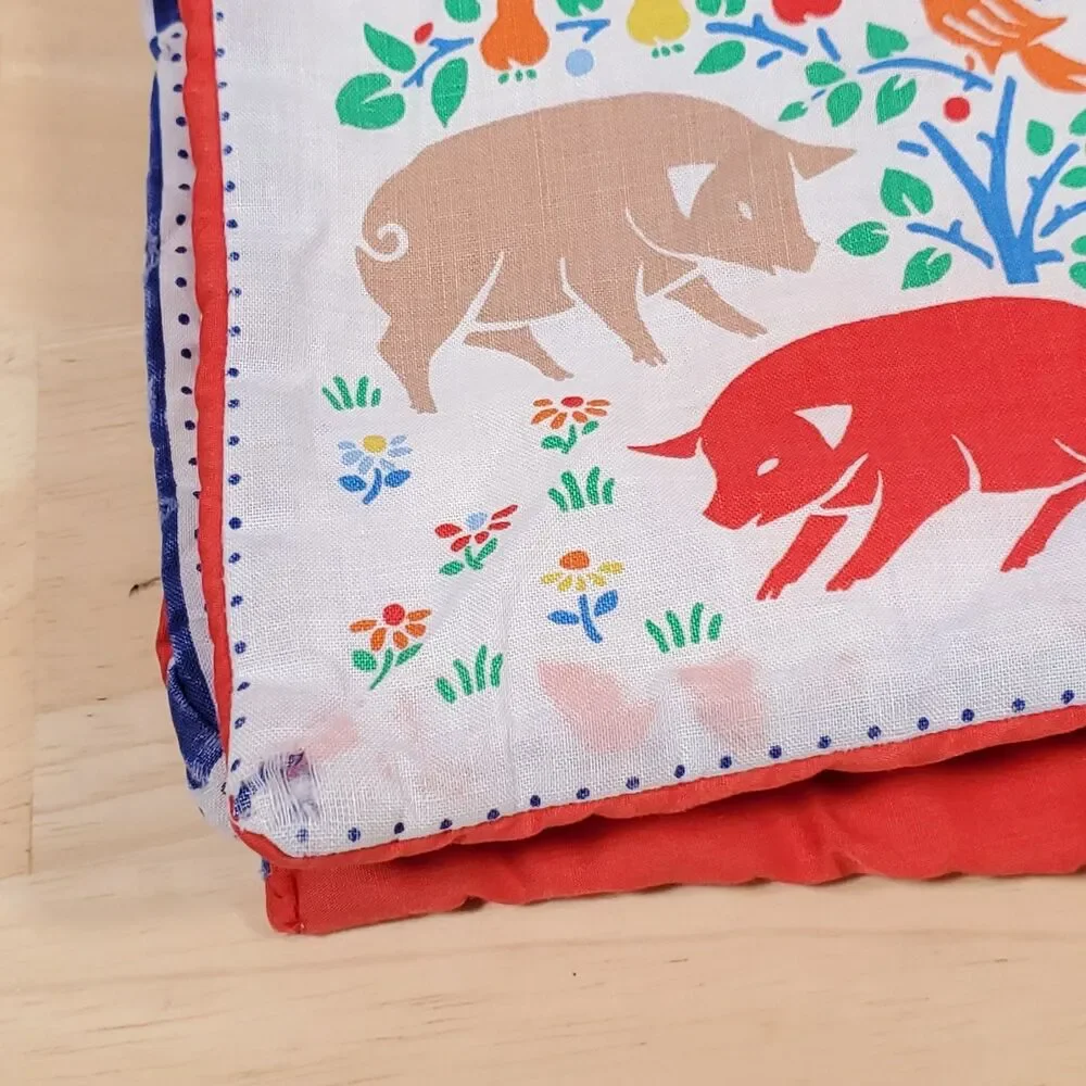Vtg Printed Block Quilt Pattern Baby Blanket Forest Animal Fox Owl Deer Folk Art